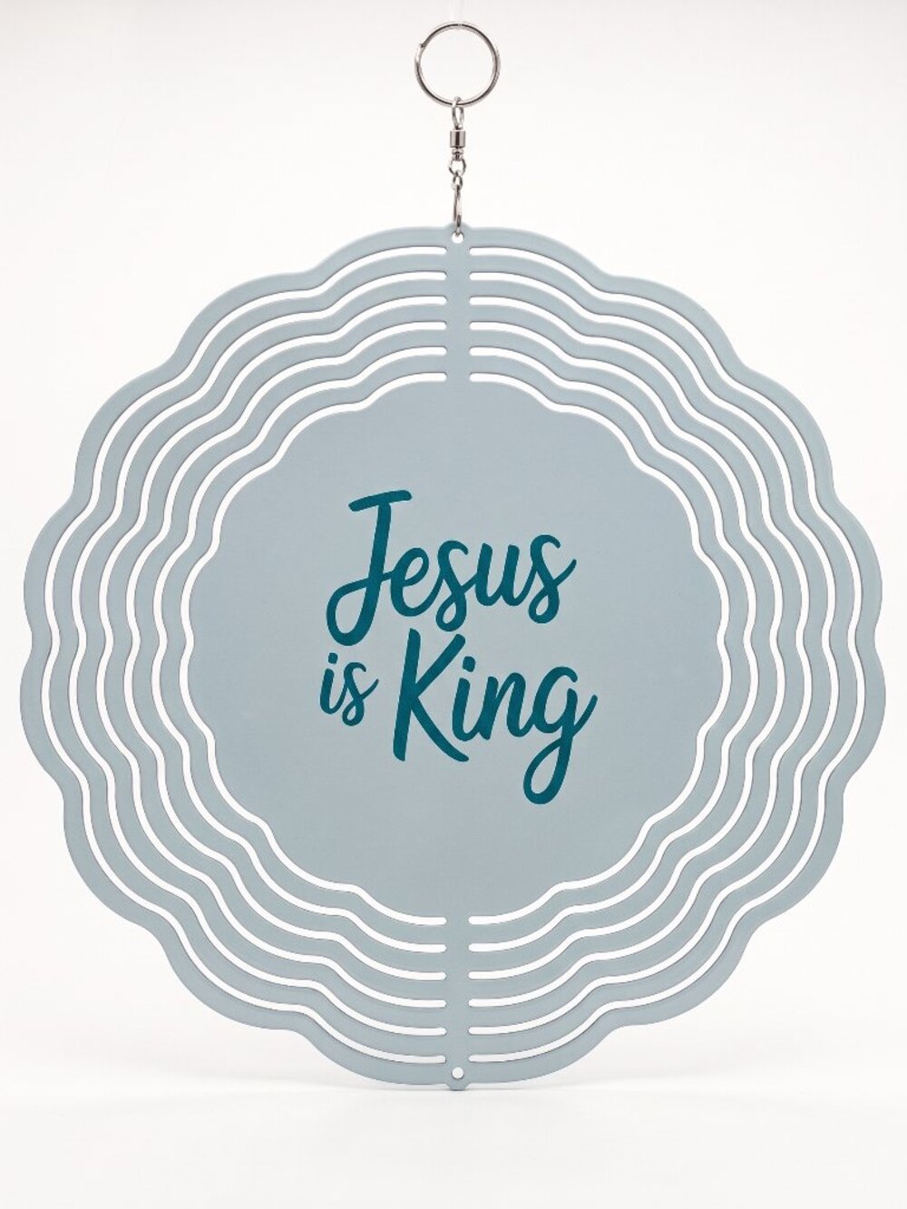 10" Jesus Is King Kinetic Wind Spinner - Teal Metal Hanging Garden Yard Decor